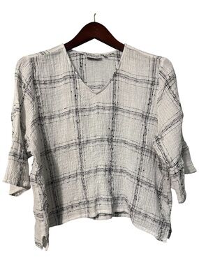 Habitat Linen Blend Windowpane Plaid V-Neck Top Large⁠